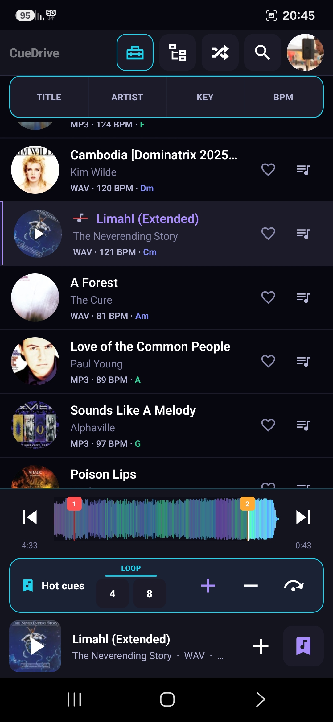 CueDrive app on a phone — player and library